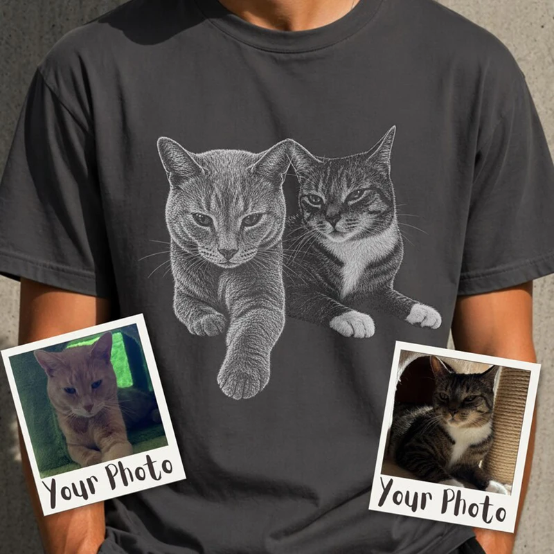 Custom Cat Portrait T Shirt Personalized Pet Memorial Design Short Sleeve Loose Comfort Daily Wear