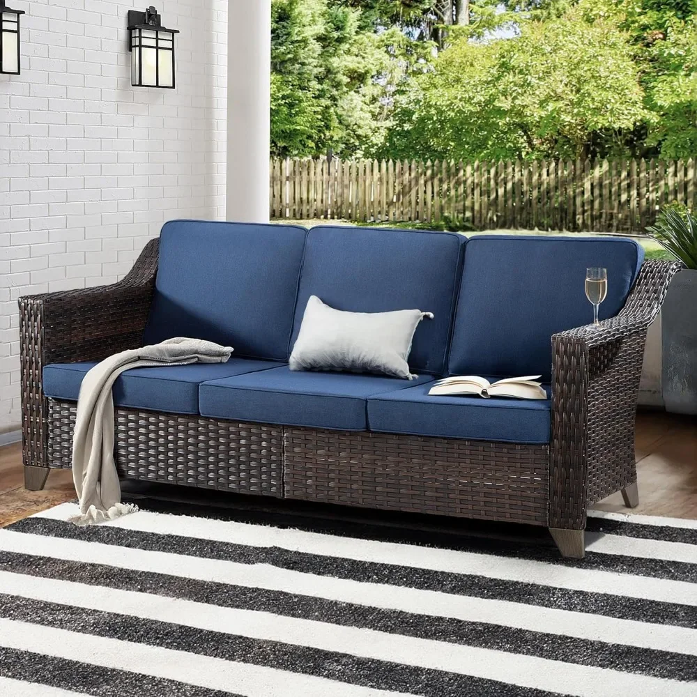 Terrassencouch, wetterfestes 3-Sitzer-Sofa aus Rattangeflecht für den Außenbereich mit hoher Rückenlehne und Premium-Kissen für den Garten-Hinterhof