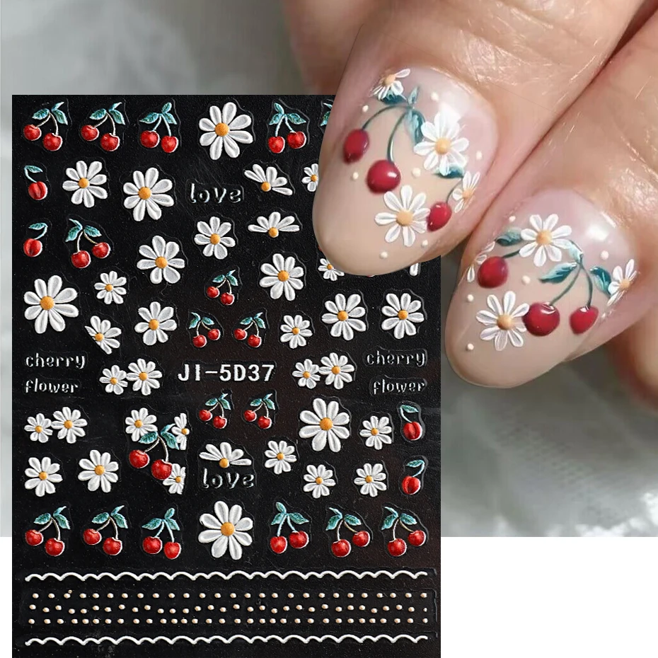 5D Daisy Elegant Summer Cherry Nails Art White Petals Simple Style Letter Wave Line Nail Stickers Japanese Trend Decal JI-5D37