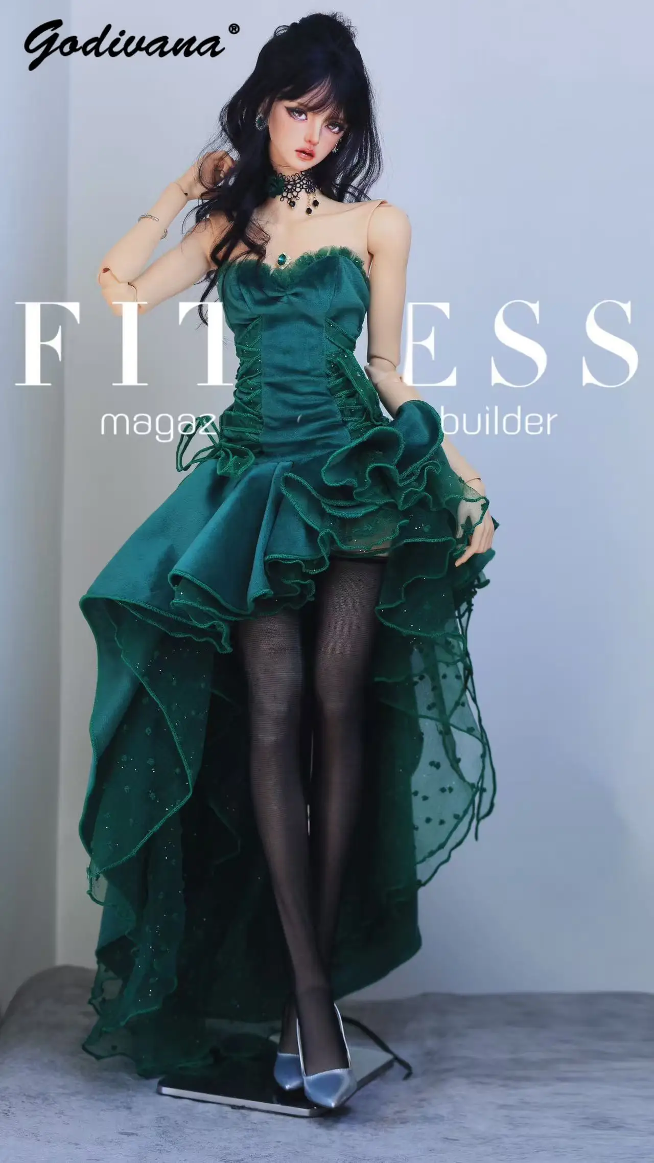 BJD Doll Green Velvet Irregular Dress Strapless Corset High Low Ruffle Gown Elegant Evening Party Doll Clothes for 1/3 1/4 BJD