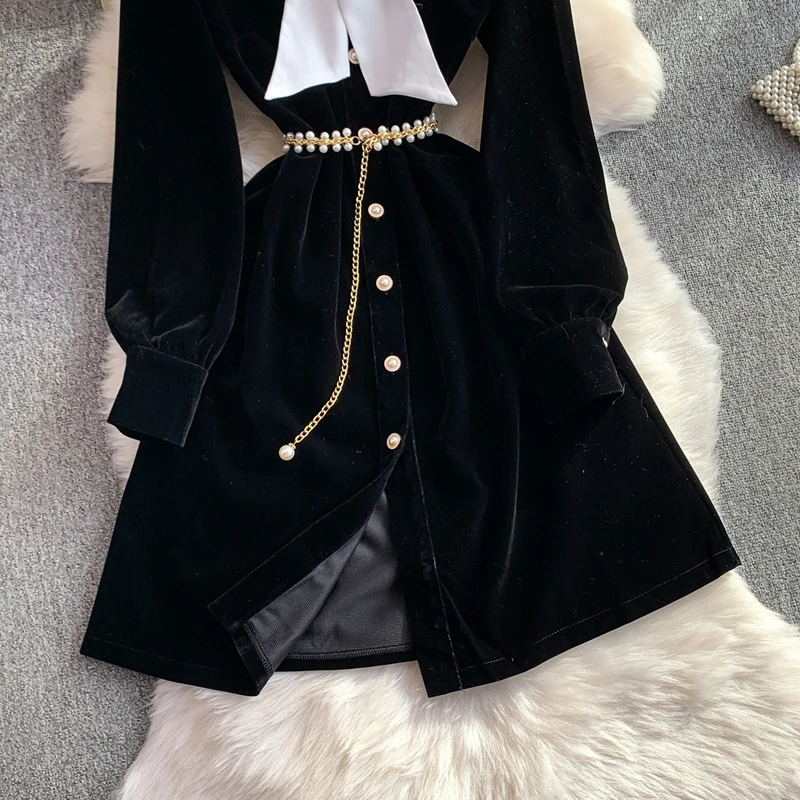 Picture 7: European and American Court Style Lace Shawl Lapel Dress Women's Lace up Waist Cinching Slim Velvet Long Dress