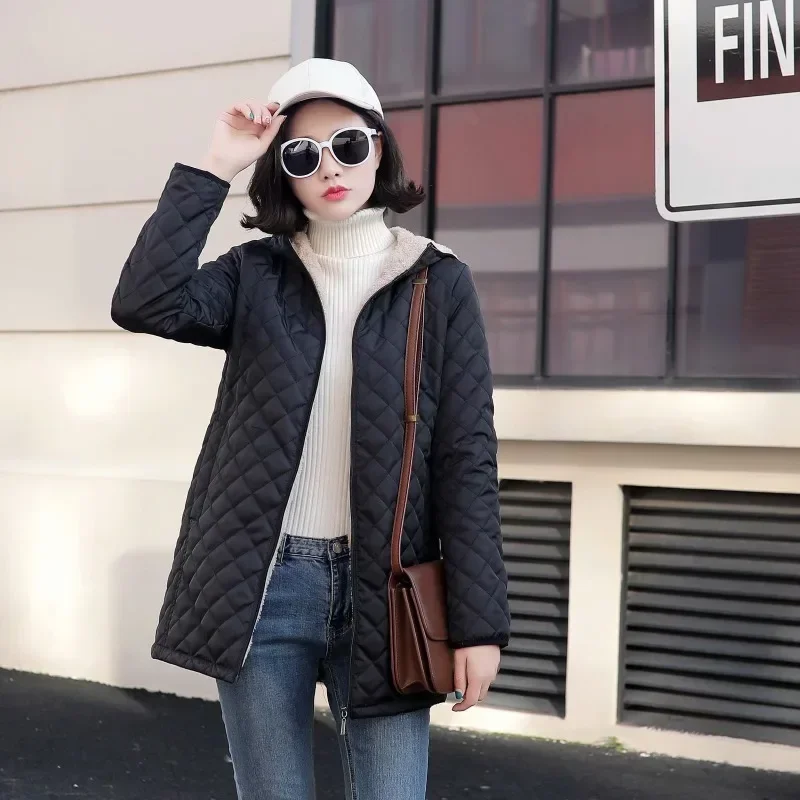 2024Autumn/Winter New Hooded Warm Lamb Fleece Long Sleeve Cotton Jacket Cotton Jacket Size Up Coat Women\'s Medium Long Checkered