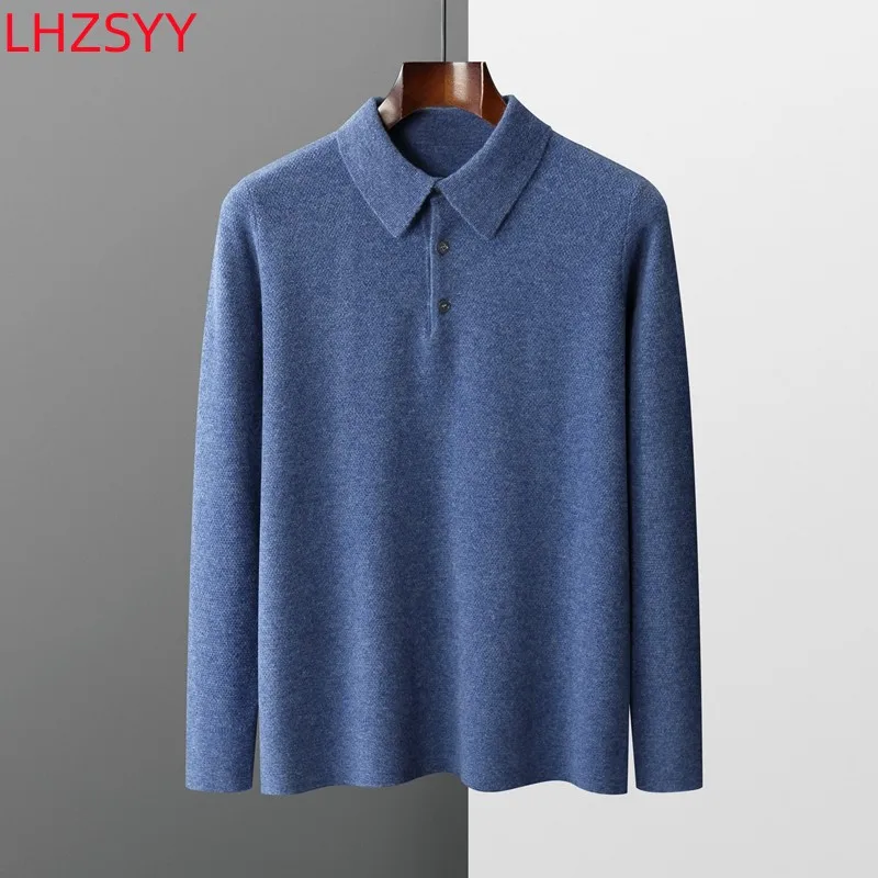 Men\'s New 100% Pure Wool Sweater Spring Autumn Knit Lapel Pullovers Youth Loose Versatile PoLo Shirt Short Bottom T-shirt Tops