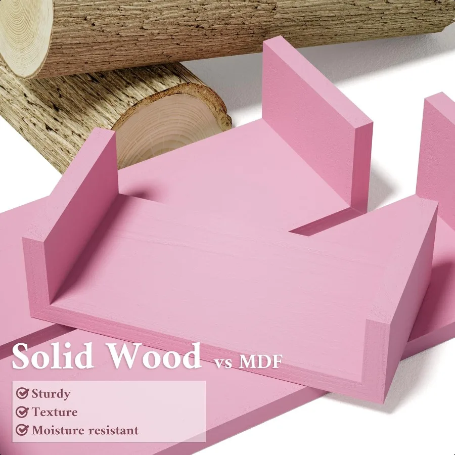 ชั้นวางของติดผนังไม้จริงสีชมพู