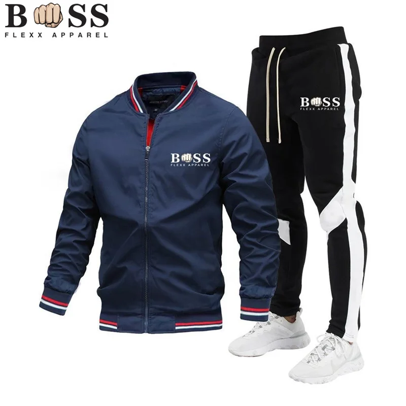 BSS FLEX APPAREL-Conjunto de chaqueta informal de alta calidad para hombre, pantalones empalmados, chaqueta a prueba de viento con cuello levantado