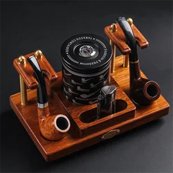 Retro Merbau Wood Pipe Rack + Moisturizing Tobacco Can Set Cut Tobacco Pipe Holder Base Two Seats Smoking Storage Accessories