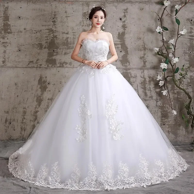 Cheap Wedding Dresses White Embroidery Tulle Ruffles Strapless Princess Trailing Lace up Plus size Simple Bride Ball Gowns XN021