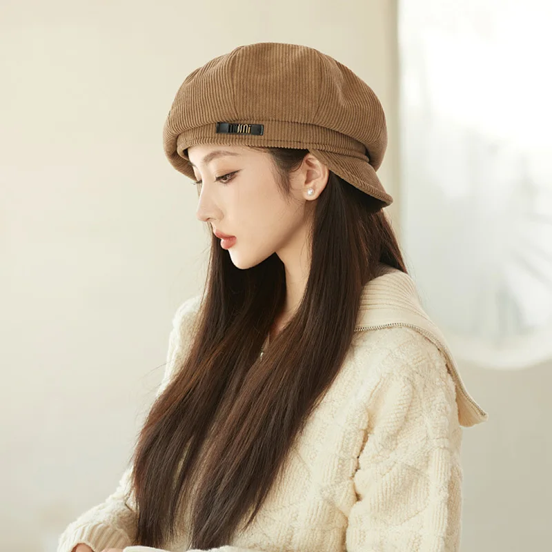 Autumn Winter Warm Beret for Women Thickened Corduroy Octagonal Hat Trendy Vintage Solid Color Berets Japanese Retro Painter Cap image 2