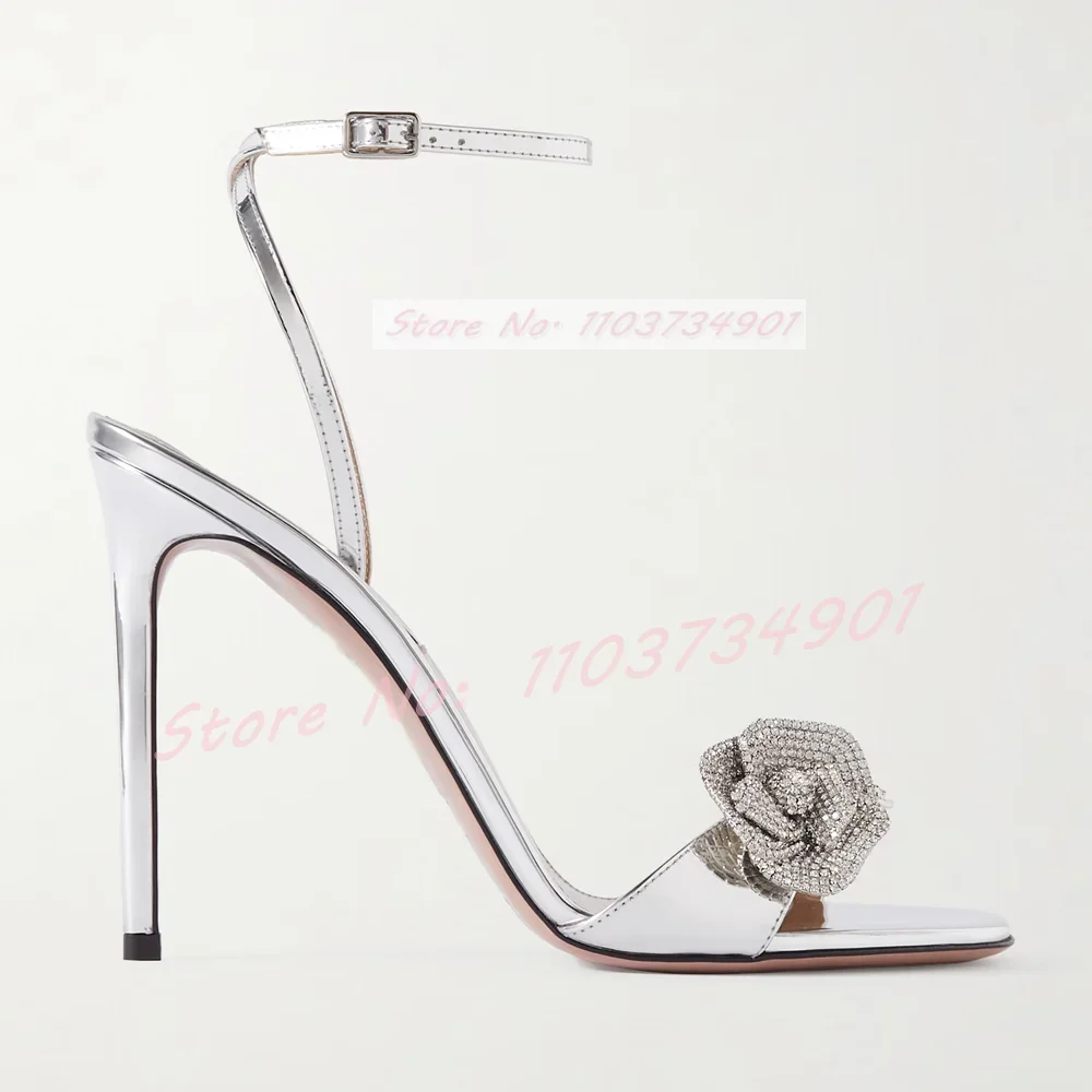 بلورات الأزهار معكوسة الصنادل النساء موضة جولة تو الكاحل حزام خنجر أحذية بكعب سيدة مثير شيك أنيق أنيق الصنادل #5