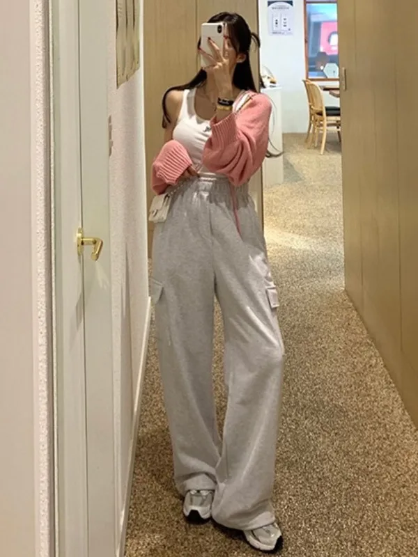 Calças casuais chiques com cinto de cintura alta American Sle Faionable Calças de trabalho de pernas largas com grandes chuteiras para mulheres