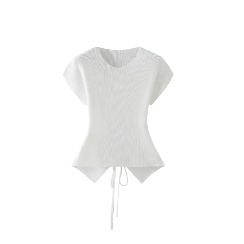 Miyake Style Pink Short-sleeved T-shirt for Women in Summer New Slim Fit Versatile Age-reducing Lace-up Top for Women