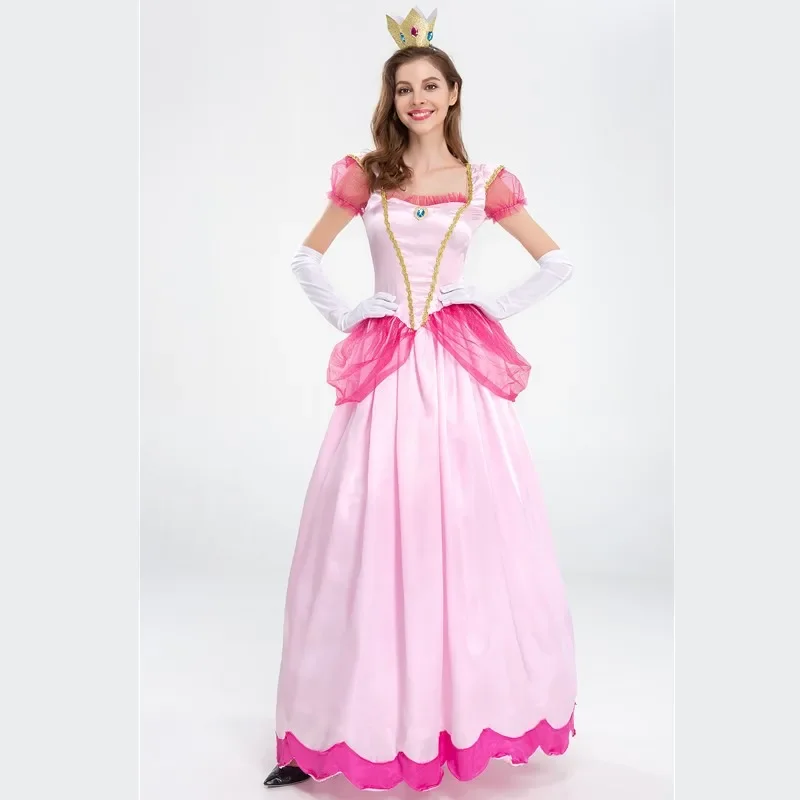 

Halloween Party Peach Princess Aurora Cosplay Costume Super Bros Game Pink Sweet Queen Fancy Dress