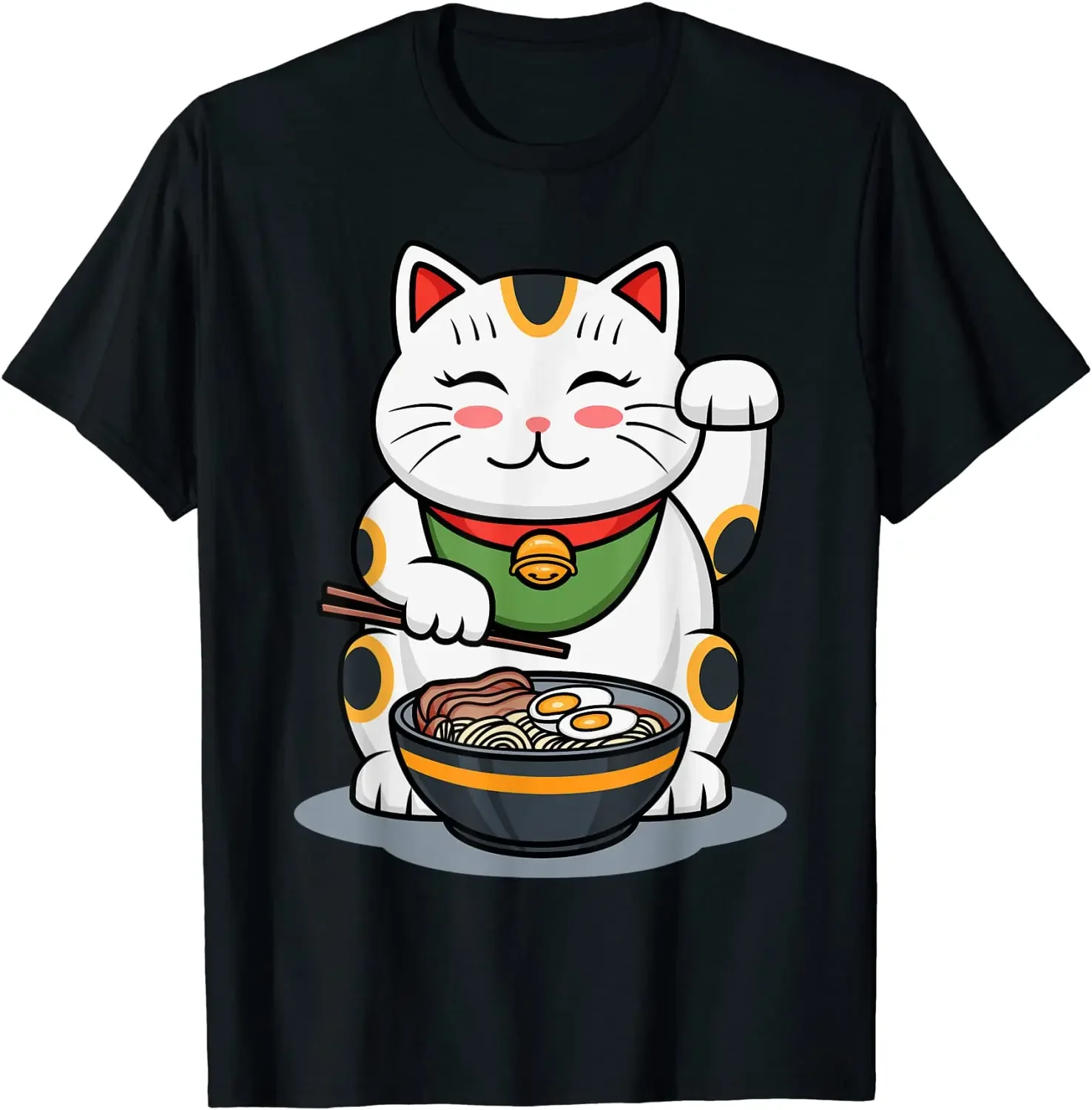 Japanese Maneki-Neko Cat Eating Ramen Asian Fortune Kawaii T-Shirt. Premium Cotton Short Sleeve O-Neck Mens T Shirt New S-3XL