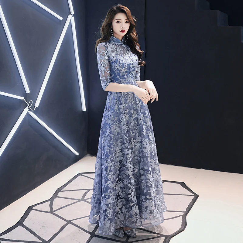 Vintage High Neck Lace Evening Gowns With Half Sleeves A-line Long Evening Dresses For Women