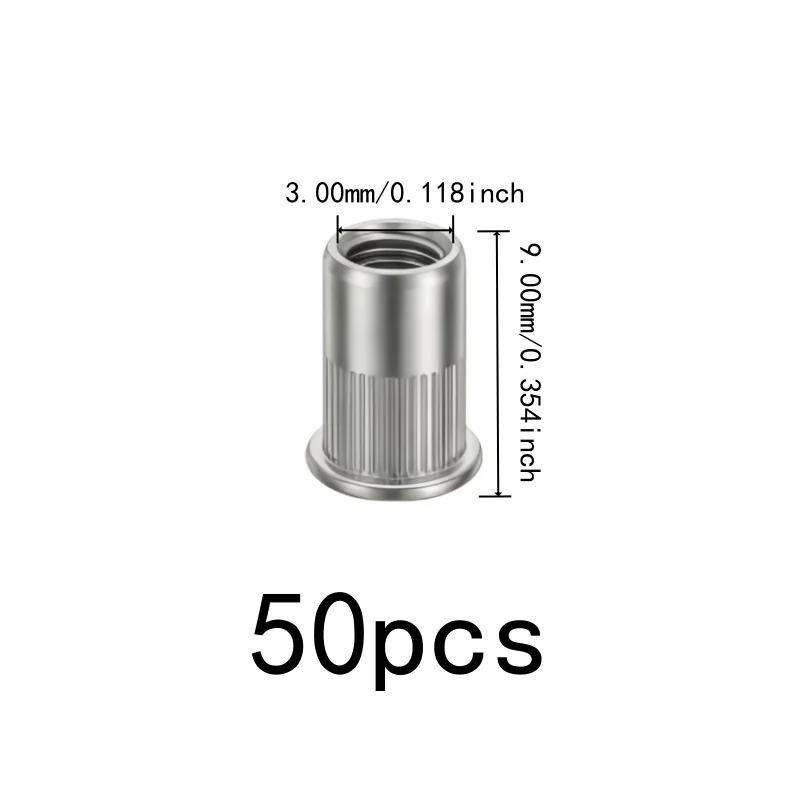 50 pcs M3 Knurled Rivet Nuts, Stainless Steel, suitable for Sheet Metal Assembly, Anti-Slip Embedded Design
