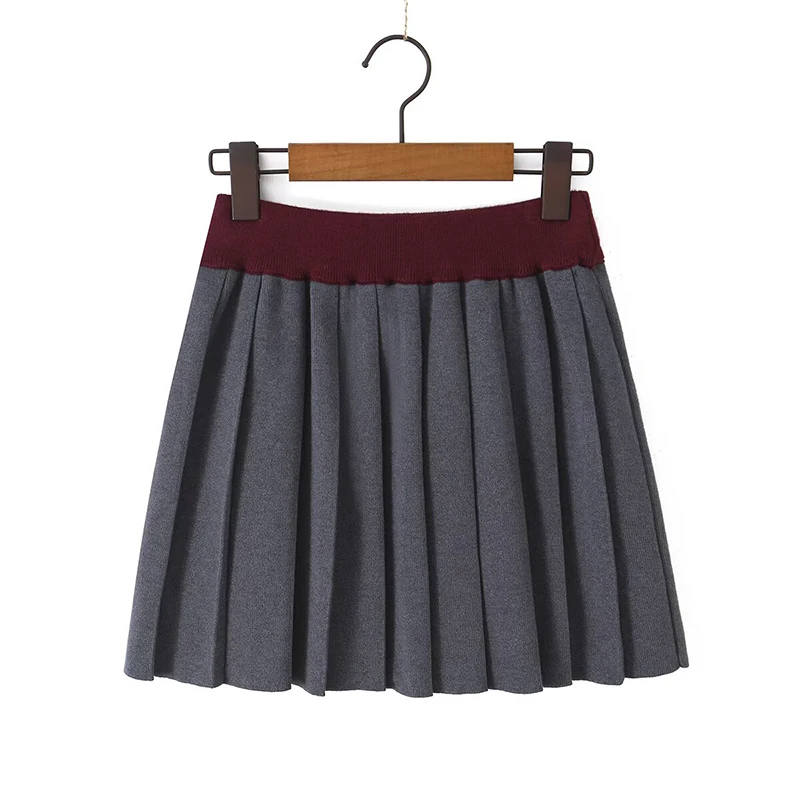 YENKYE Women Contrast Waist Knit Pleated Mini Skirt High Waist A‑Line Short Skirt Preppy Casual Knitted Skirts