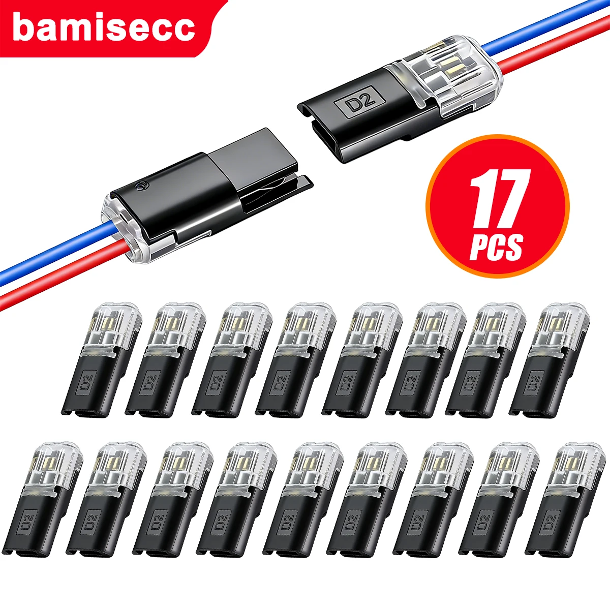 57/17pcs, No-Strip Interlocking Terminals; LED Quick-Connect Dual-Pin, Dual-Channel D2 Wire Connectors for Safe Wire Routing.