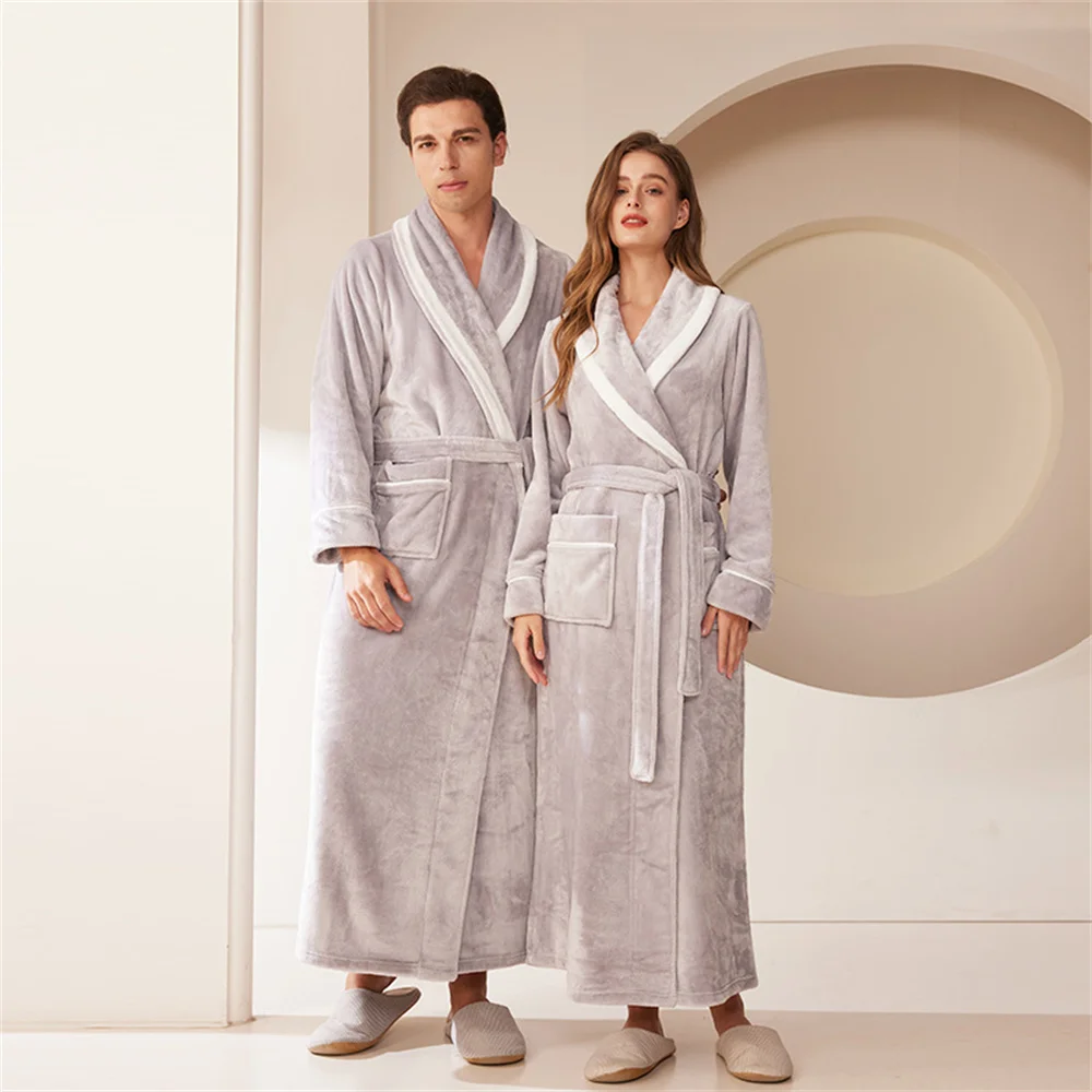 

Women Men Flannel Bath Robe Sleepwear Autumn Winter Homewear Couple Bathrobe Thick Warm Robes