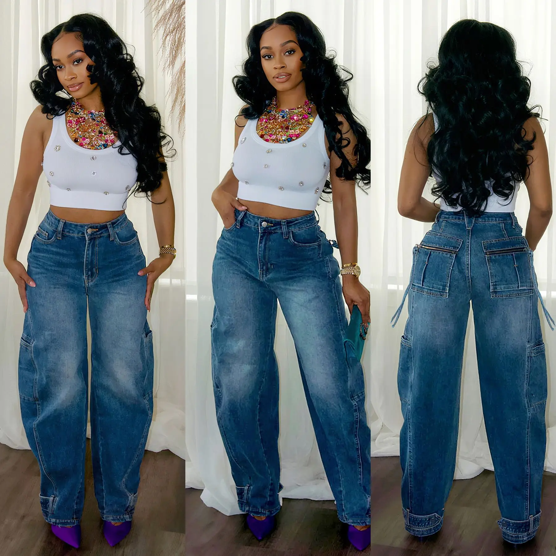 

Denim Pant Women Mom Jeans Long Pants Slim Capris High Waist Straight Trousers Work Casual Y2k Streetwear Elegant Splice 2025