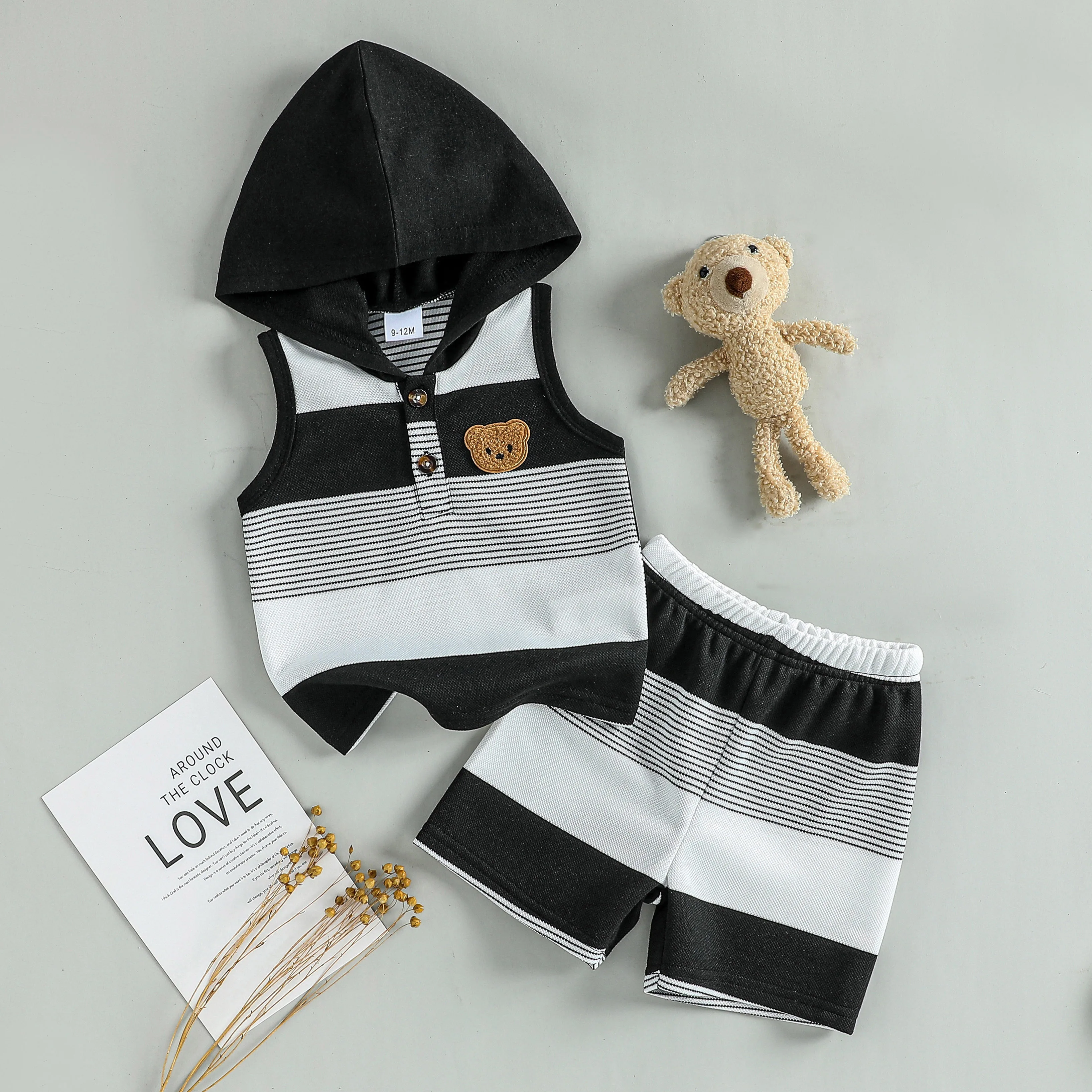 2026 New Style Baby Boy Summer Clothes Striped Short Sleeve Hoode Tops with Elastic Waist Shorts Outfit Set For 1-3Y Casual