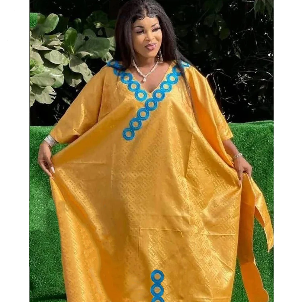 2024 Nigerian Original Bazin Dress Dashiki Gold Brocade Embroiderey Basin Clothing White Robe Wedding Party Lady Gown Dresses