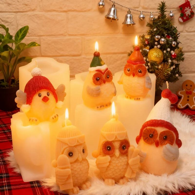 3D Weihnachten süße Eule Kerze Formen DIY tanzende Vogel Tier halten Holz und tragen Gläser Eule handgemachte Silikonform Weihnachten Home Decor