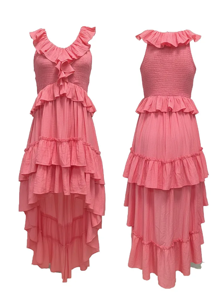 Vestido casual solto de chiffon com babados em camadas, sem mangas, vestidos midi altos e baixos para reunião de família, amigos, festas e passeios diários