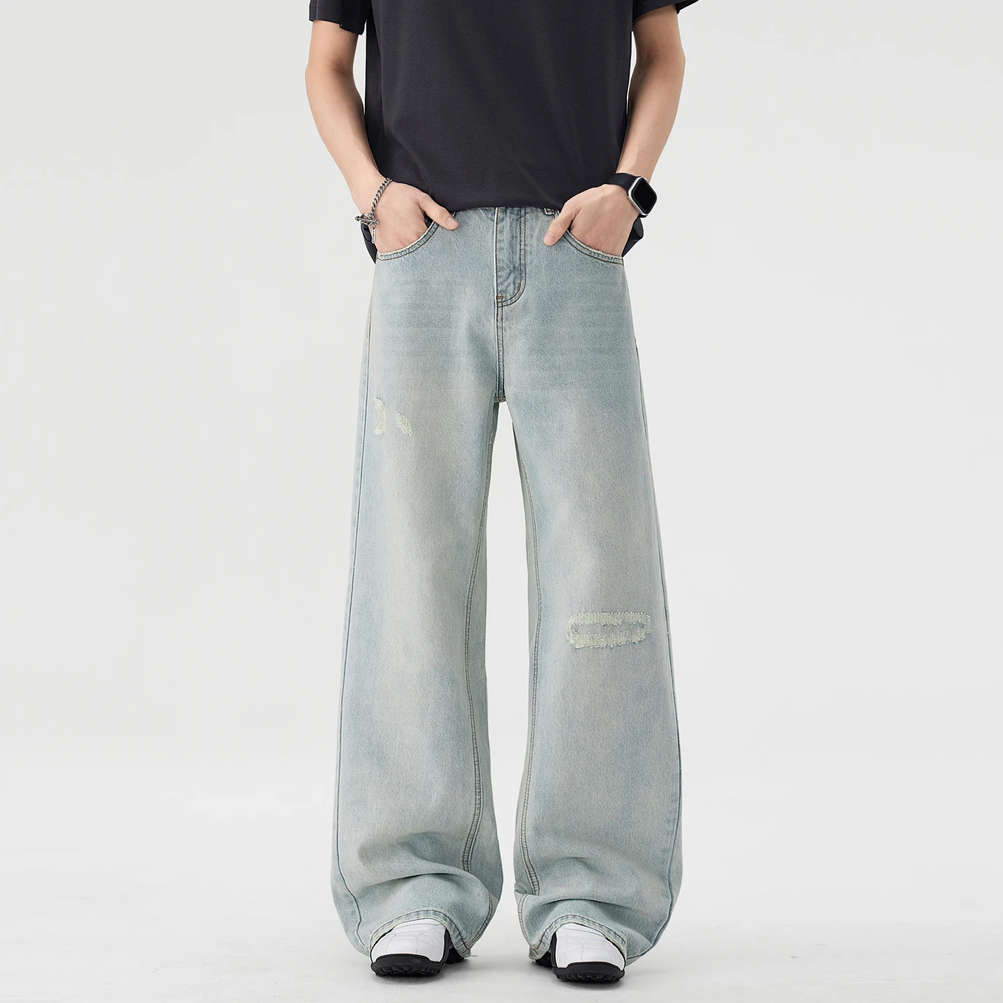 

2026 summer brand high quality 99% cotton ripped men's baggy jeans Korean style mid-rise light blue full length wide leg pants
