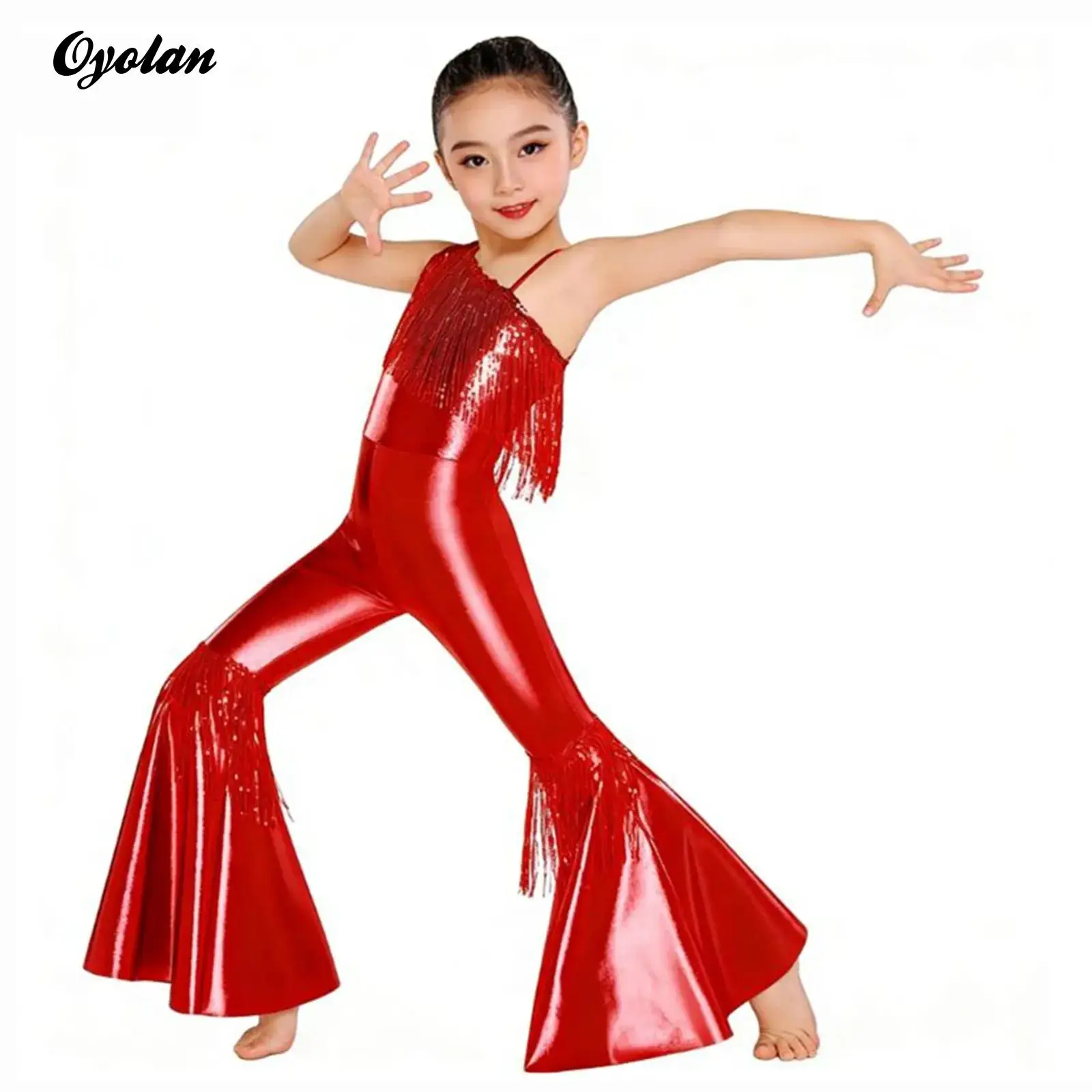 

Детский блестящий комбинезон для девочек с пайетками, бахромой, в стиле диско 70-х, расклешенный, для балета, джаза и танцев, костюм хиппи