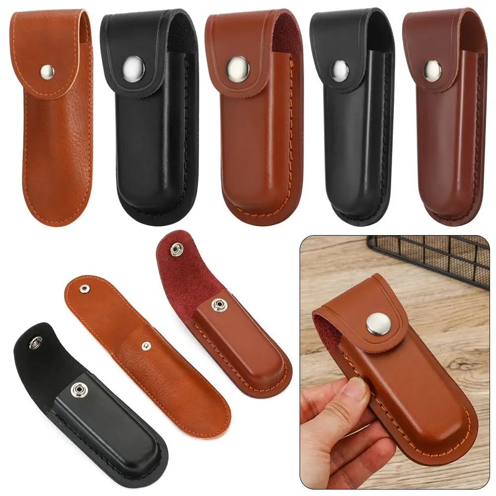 Brown Knife Sheath Holster Leather Sheath Holder Fold Knife Tool Flashlight Case Belt Loop Case Camp Outdoor Carry view 3