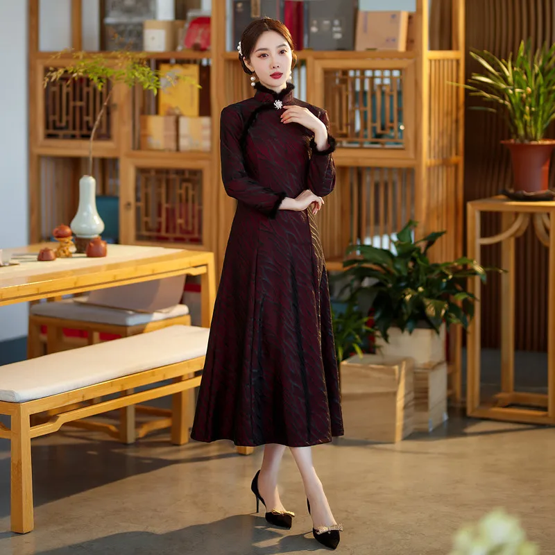 

Thickened Velvet Long Cheongsam A-line 2022 Winter New Retro National Style Chinese Traditional Anscient Dress For Women