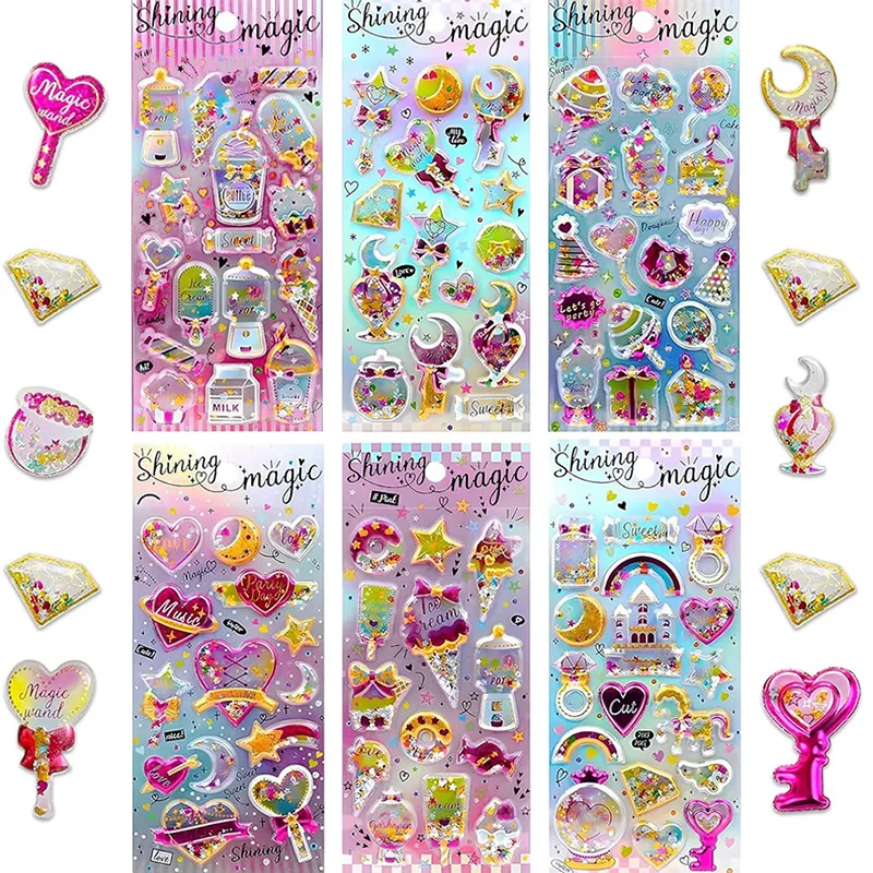 Cute Cartoon 3D Quicksand Sticker Fun Kids Glitter Toy Relief Stickers Kawaii Girl Journal Deco DIY PVC Paster