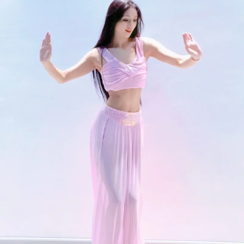 

Новая одежда для танца живота, женский сетчатый комплект с блестками для пожилых женщин, сексуальный костюм для выступлений, одежда для восточных танцев