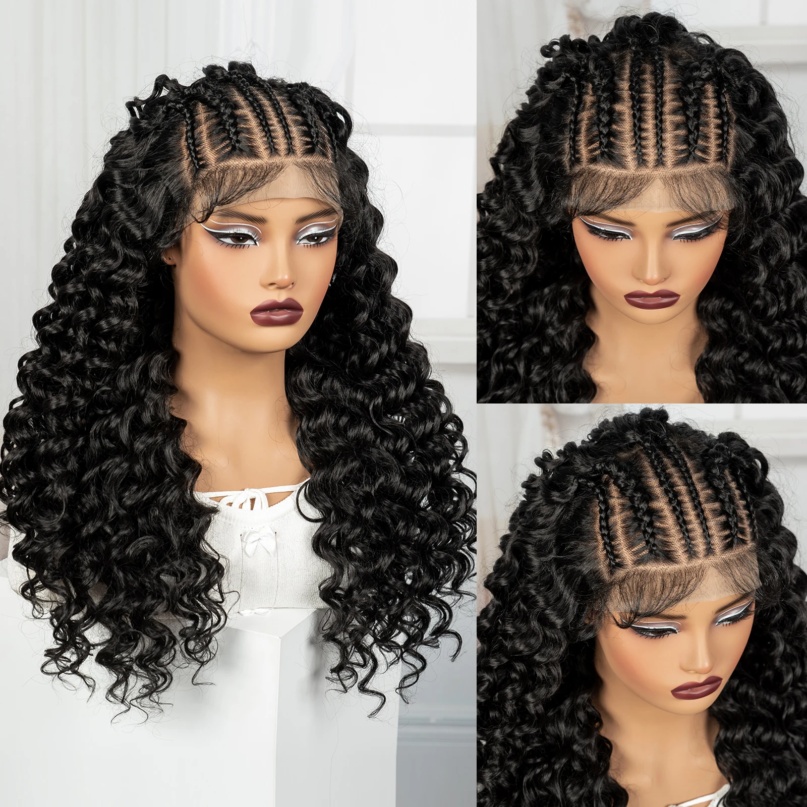 26 بوصة كورنو شعر مستعار مضفر 13x6 الدانتيل الشفاف الجبهة موجة عميقة خصلات الشعر المستعار الاصطناعية غريب مجعد خصلات الشعر المستعار البرازيلي للنساء