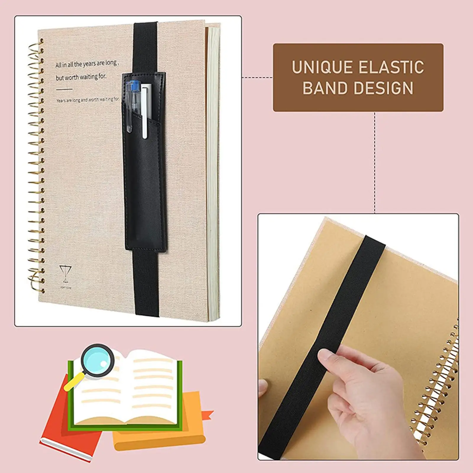 Adjustable Elastic Band Pen Holder Simple Color PU Pen Sleeve Pouch Large Capacity Square Students Notebook Pen Holder