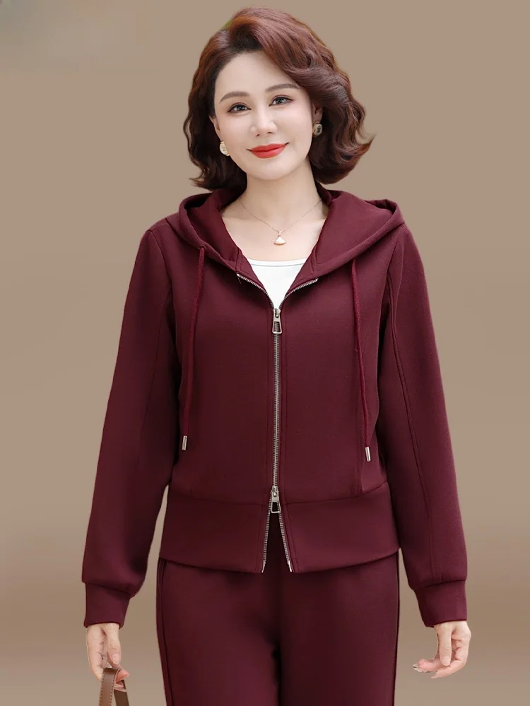 

Casual Spor Two-Piece Set for Women over 50 Faionable Autumn Wear Loose Fit Long Pants Zipper Closure Color
