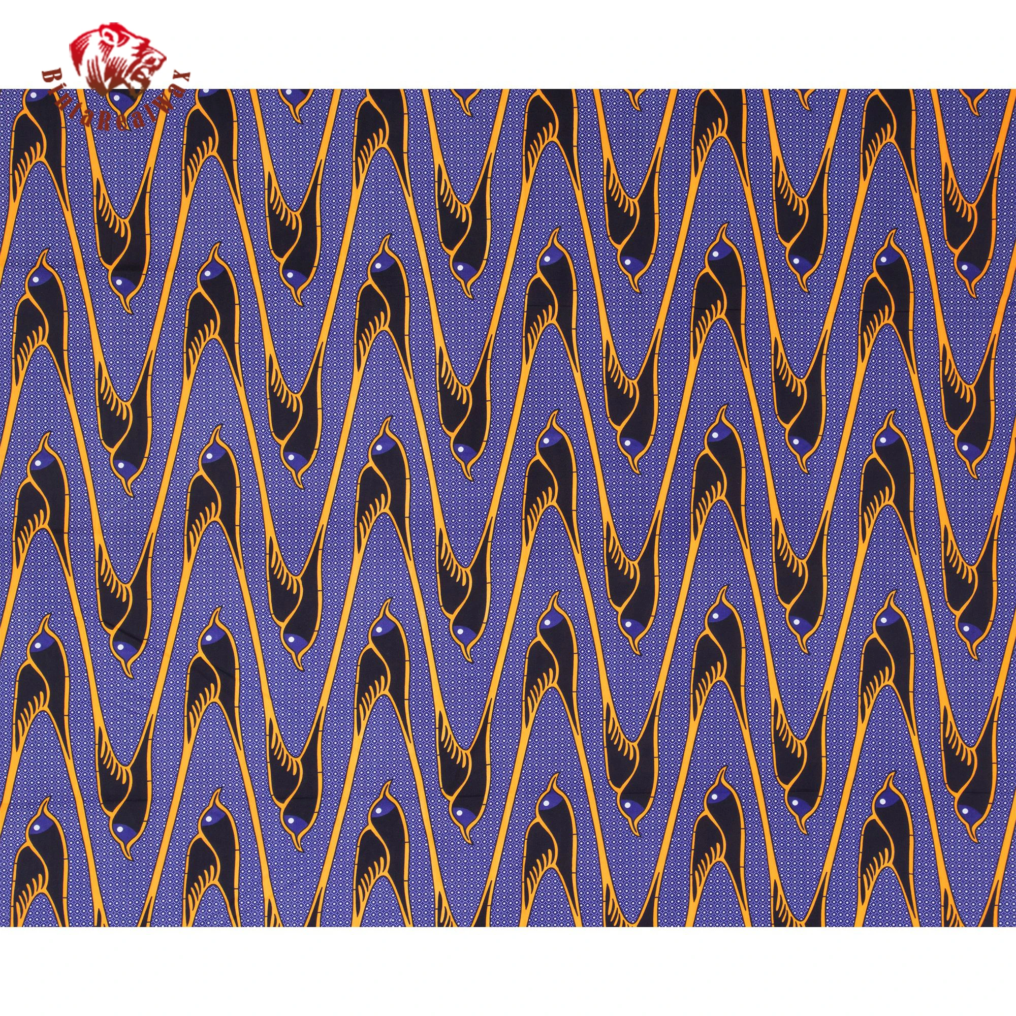 African Wax Print Fabric, Blue Background with Yellow & Black Bird Pattern, 100% Polyester Ankara Fabric for Dress, Skirt FP6705 view 2