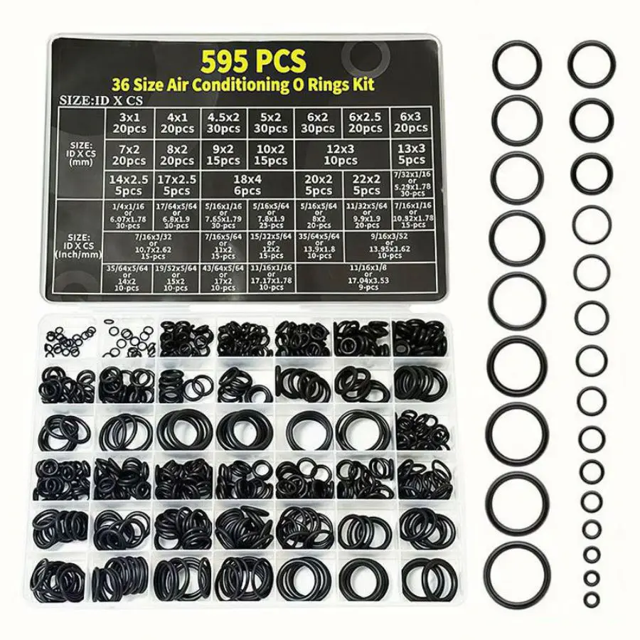 595pcs Air Conditioning O Ring Kit, 36 Size Seal Rubber O-Rings Sealing Gasket Washer Seal Assortment Set for Automotive Repair