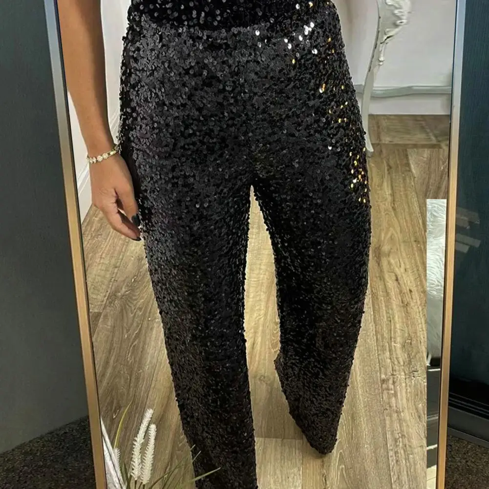 

Women Pants Commuting Elastic Waist Trousers Sequins High Waist Flared Pants for Women Slim Fit Shining Trousers Solid Color