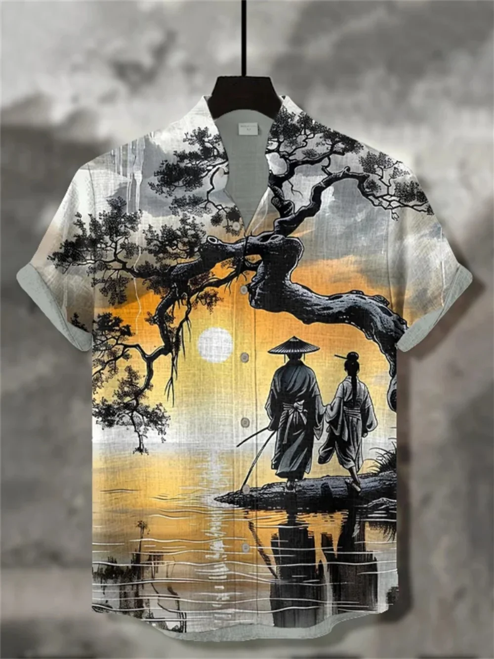 Sommerhemd für Herren, Cyberpunk, japanischer Samurai, bedruckt, Stehkragen, modische soziale Ballkleidung