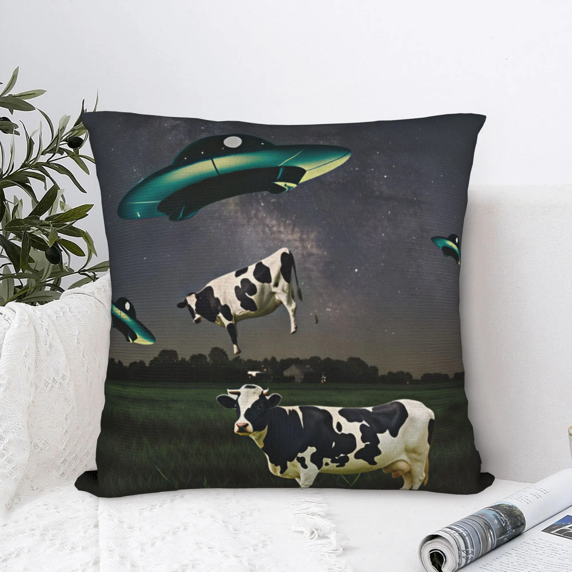 Pillow Case  Retro UFO Kidnapped Cow  Soft Pillow Cover  Retro Trendy Cushion Cover Graphic Pillowcases For Sofa Home Decorative