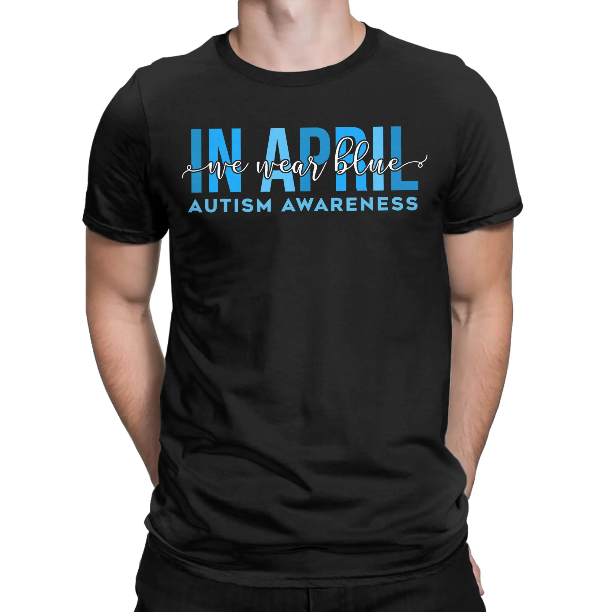 Men's T-Shirt April We Wear Blue Autism Awareness Fashion Pure Cotton Tee Shirt Short Sleeve  T Shirts Crew Neck Tops Adult