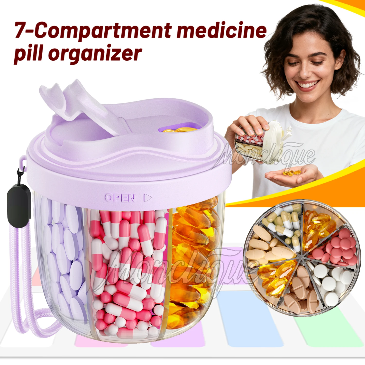 

7 Compartment Pill Organizer Weekly Portable Vitamins Supplement Container Travel Anti-Mix Pill Box Bottle Multi-Color Selection
