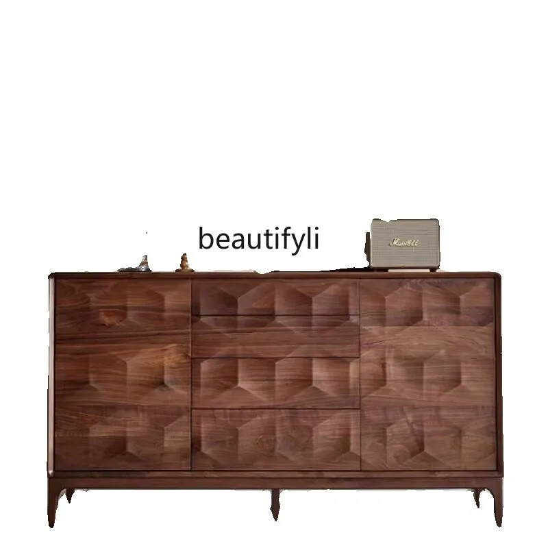 

Italian Light Luxury Black Walnut Wood Sideboard Cabinet Living Room Multi-Functional Retro Style Simple Hallway Storage Cabinet