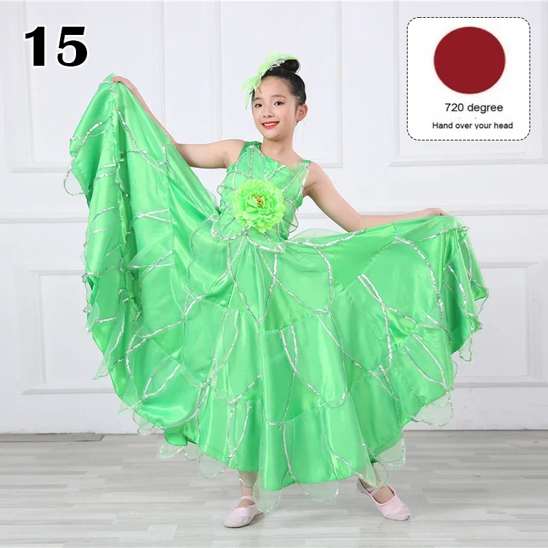 Vestido de Flamenco para Niña de 360-720 Grados, Traje de Danza Española para Coro Infantil, Actuación en Escenario, Vestido de Flamenco