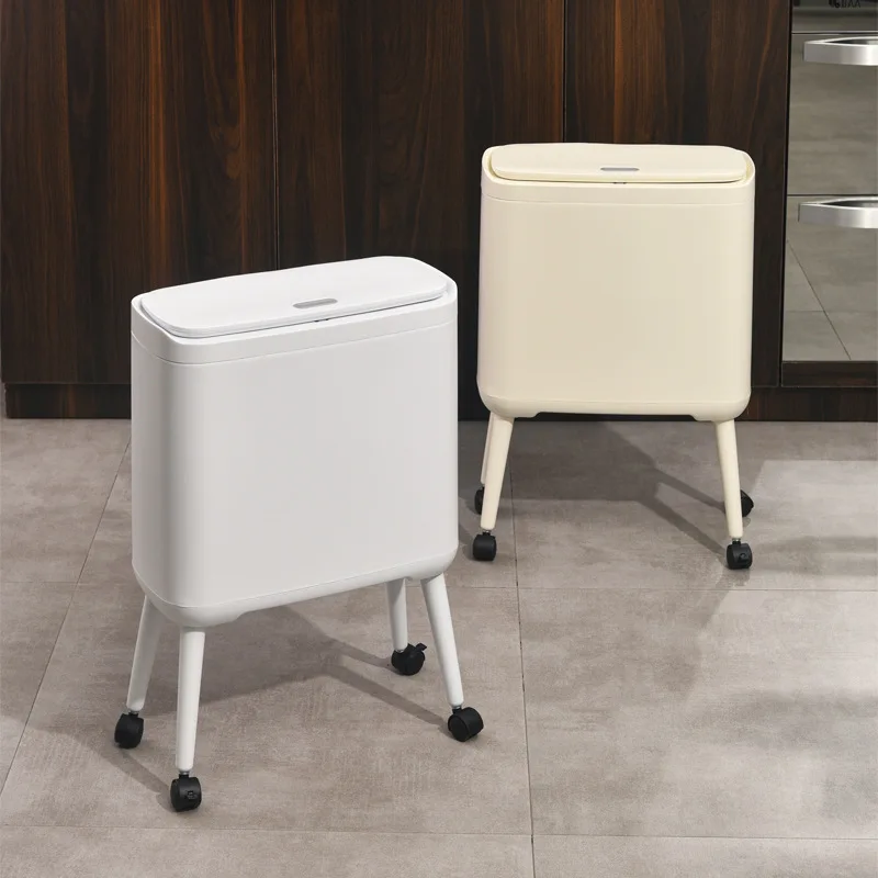 Slim Press Lid Kitchen Trash Can with Wheels Movable Narrow Gap Garbage Bin Household Odorproof Waste Bin for Home Storage Use