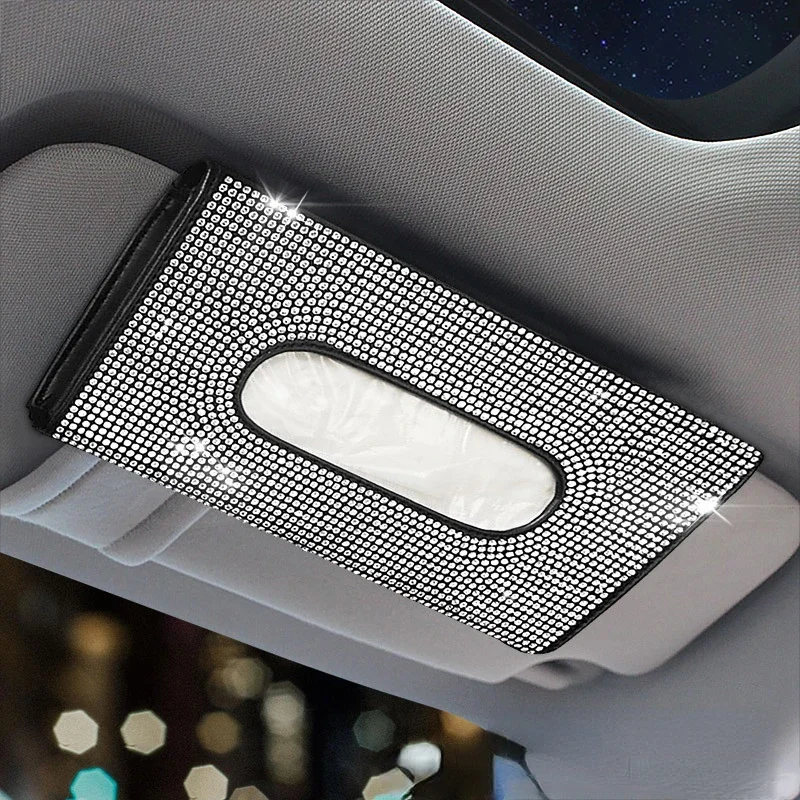 Diamond Crystal Car Sun Visor Tissue Box Holder Cover Case Clip PU Leather Backseat Tissue Case Auto Accessories for Women