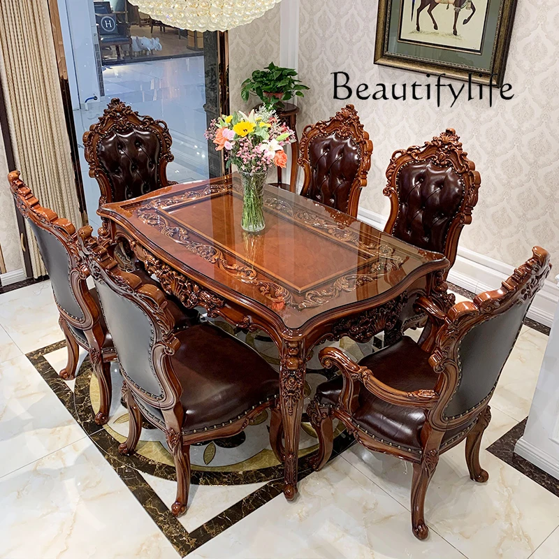 Stół i krzesła z litego drewna w stylu europejskim, salon, luksusowy kwadratowy stół do domu w willi, francuski szklany stół do jadalni
