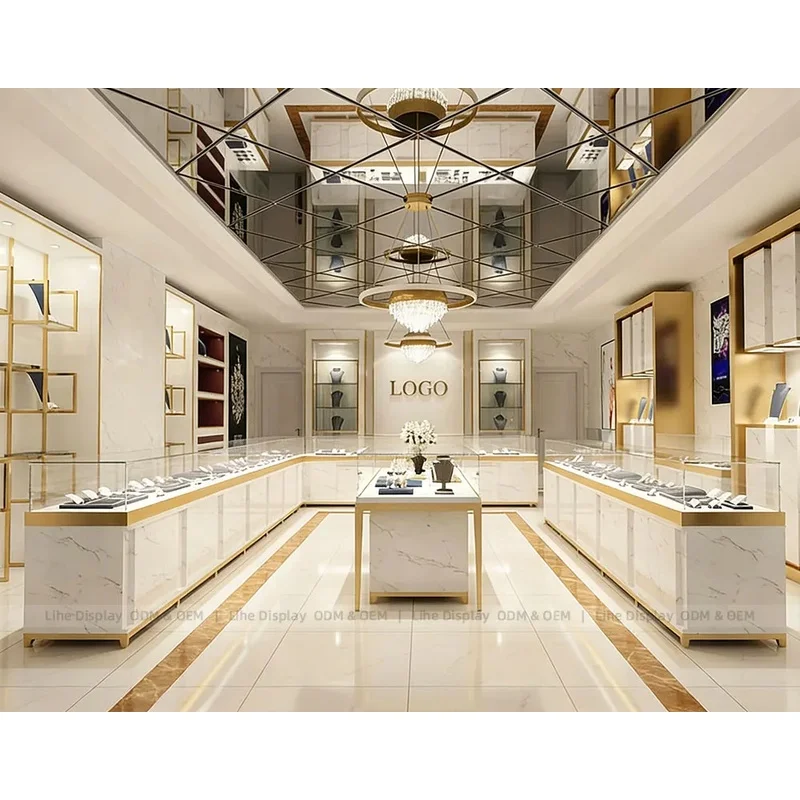 custom.White Luxury LED Lit Jewelry Display & Exhibition Table with Wall Unit Showcases