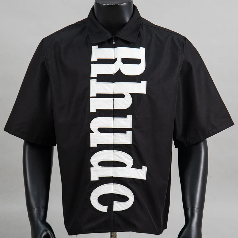 Black Lapel Half-Zip RHUDE Short Sleeve Shirt Heavy Duty Vertical 3D Fabric Patches Oversized Men Women Shirt